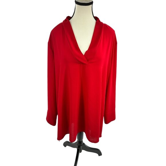 Terra & Sky Womens 2X Red Blouse Long Sleeve Cowl V Neck Plus Size Top - Picture 1 of 7